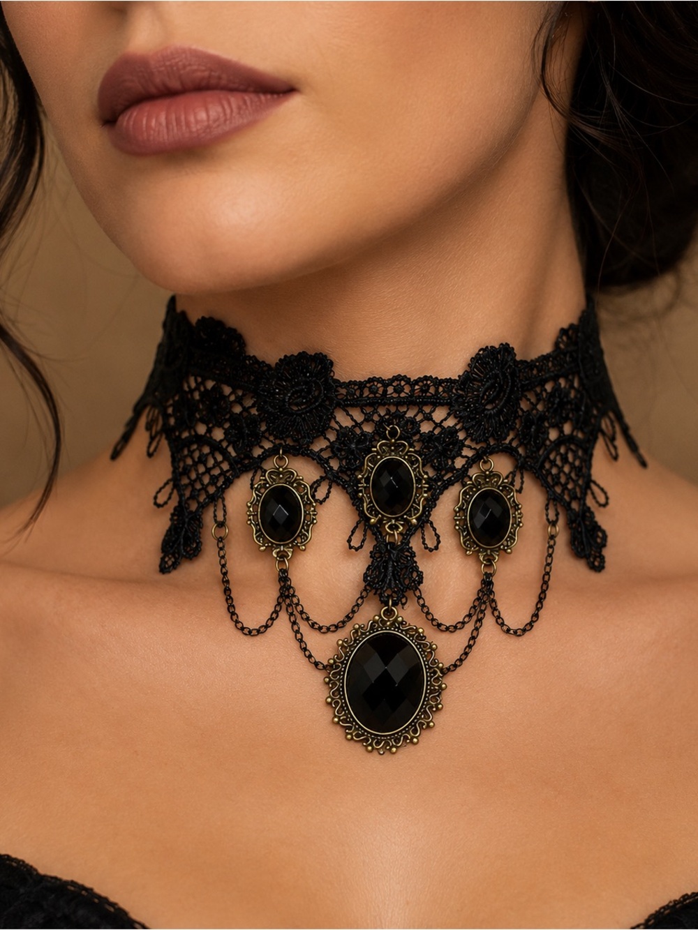 Gothic Black Lace Choker Necklace Black Gem Statement Jewelry Halloween themed
